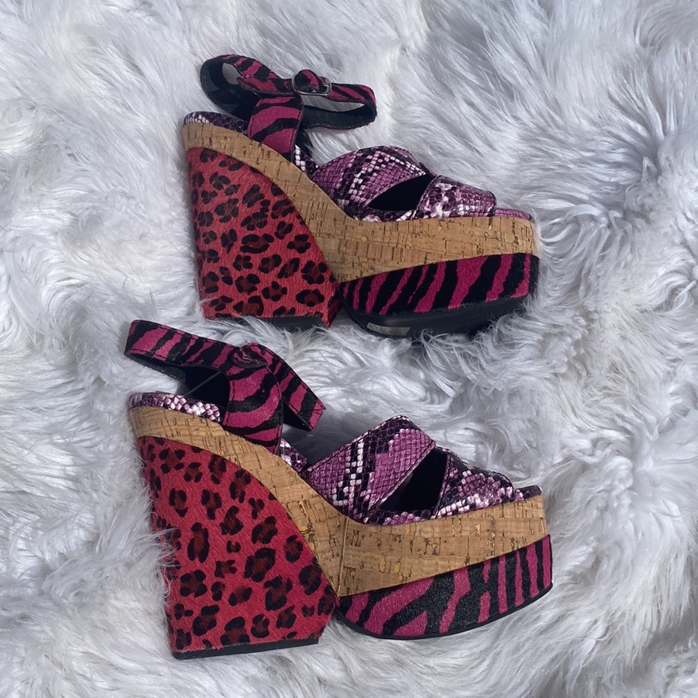 Jeffrey Campbell • Leather Kitsch Colorful Animal Print Cork Wedges - Picture 7 of 10